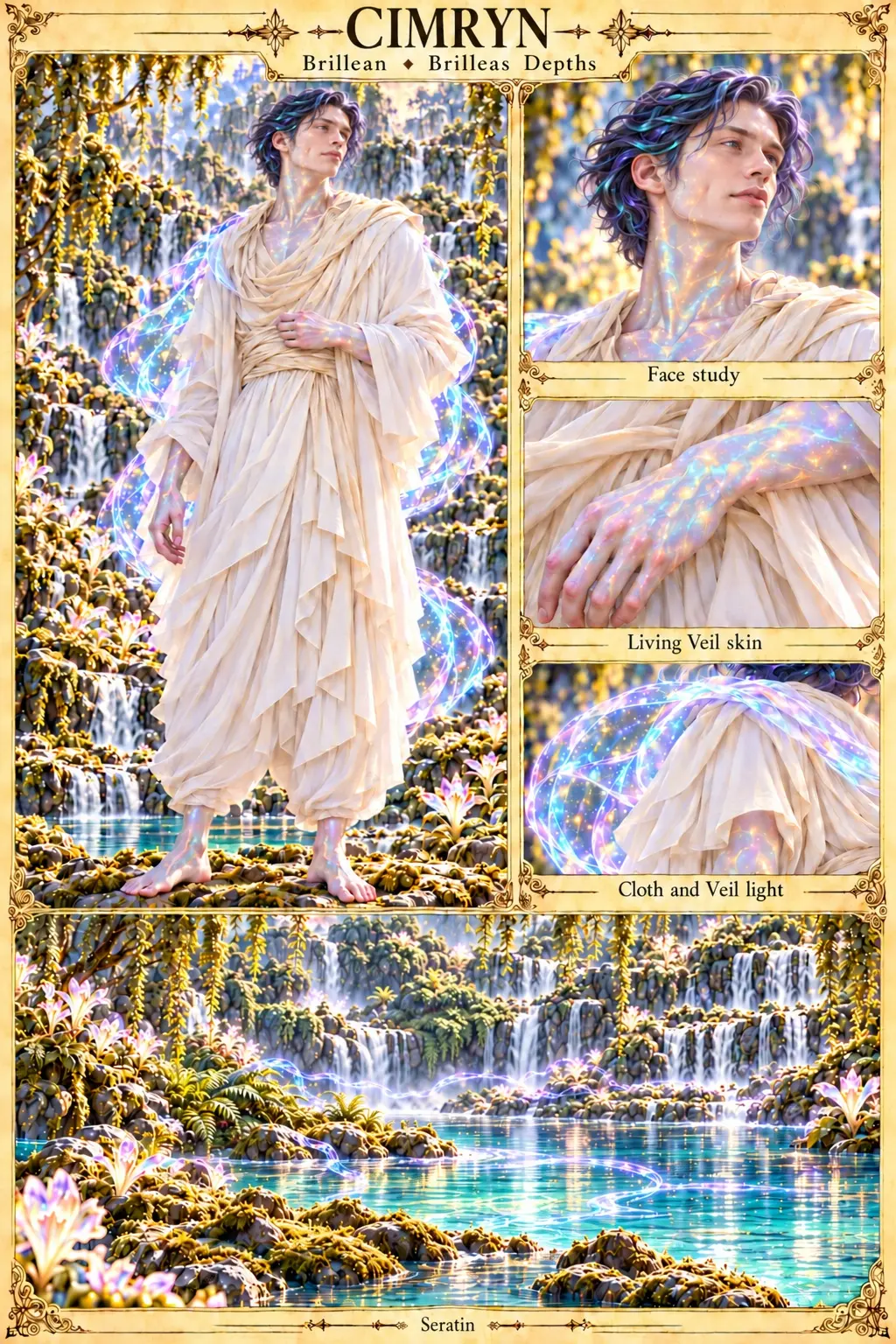 Brillean character sheet from the Brilleas Depths showing Cimryn, a young Brillean with tousled violet hair in draped cream robes wreathed in opalescent Veil light, with face, Living Veil skin, and cloth and Veil light studies, and a view of turquoise pools and waterfalls in the Brilleas Depths.