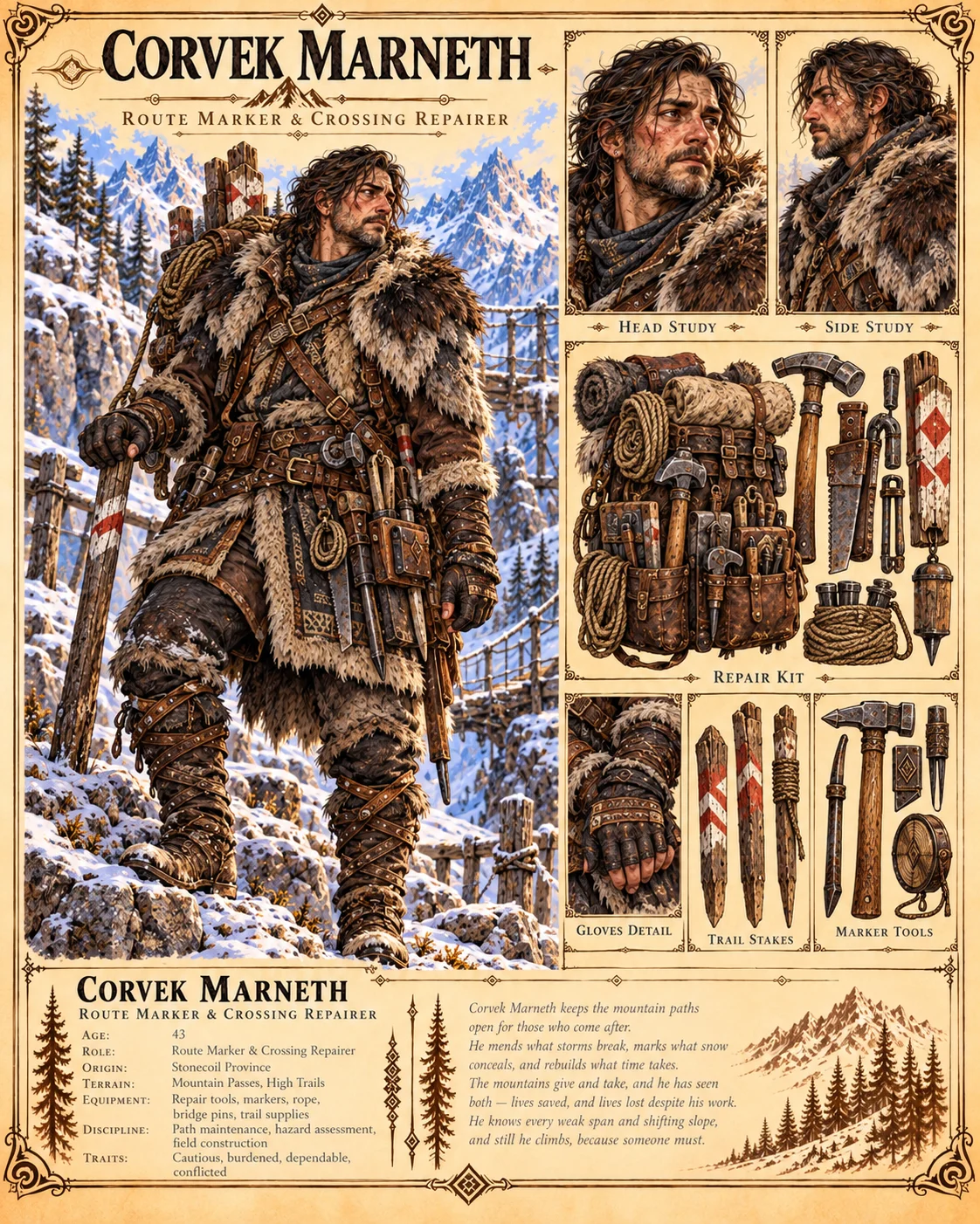 Character reference plate showing Corvek Marneth with portrait studies, fur-lined mountain clothing, a travel pack, ropes, and tools, and a snowy mountain setting.