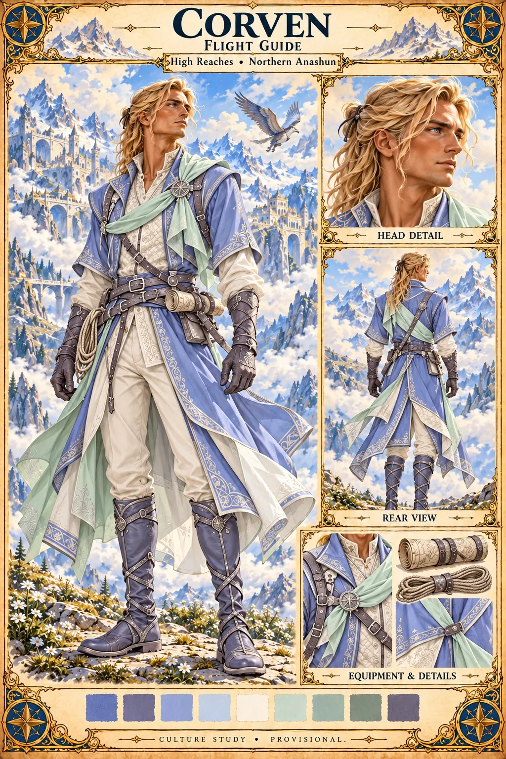 High Reaches culture study of Corven, a flight guide of northern Anashun with long wavy blonde hair, in a periwinkle blue embroidered coat over cream layers with a pale green scarf, leather harness straps, gloves and tall laced boots, shown in full figure, head detail and rear view, with his rolled chart, coiled rope and buckled straps, a colour palette, and a bird in flight above a mountain city in the clouds.