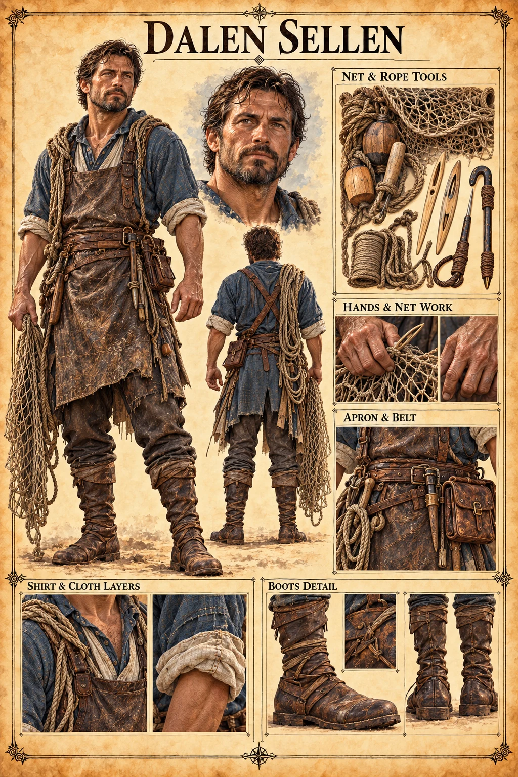 Character reference sheet showing Dalen Sellen with front, back, and portrait views, net and rope tools, working hands, and clothing details.
