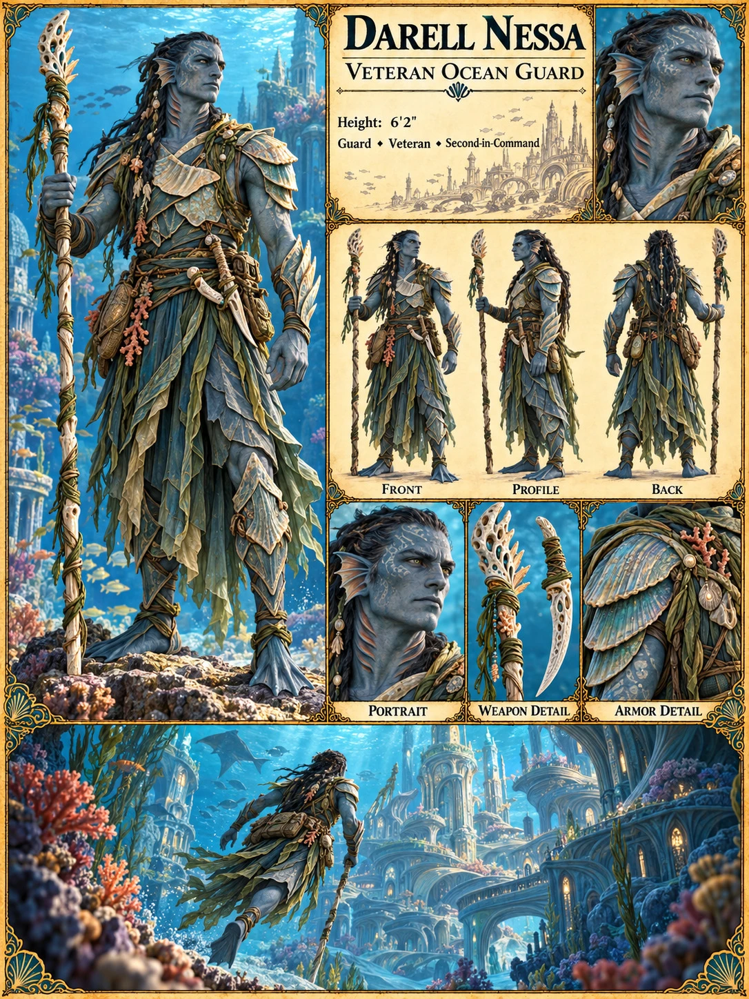 Nerathi character reference sheet showing Darell Nessa, veteran ocean guard, with portrait studies, front, profile and back views, a spear and armor details, and an underwater scene.