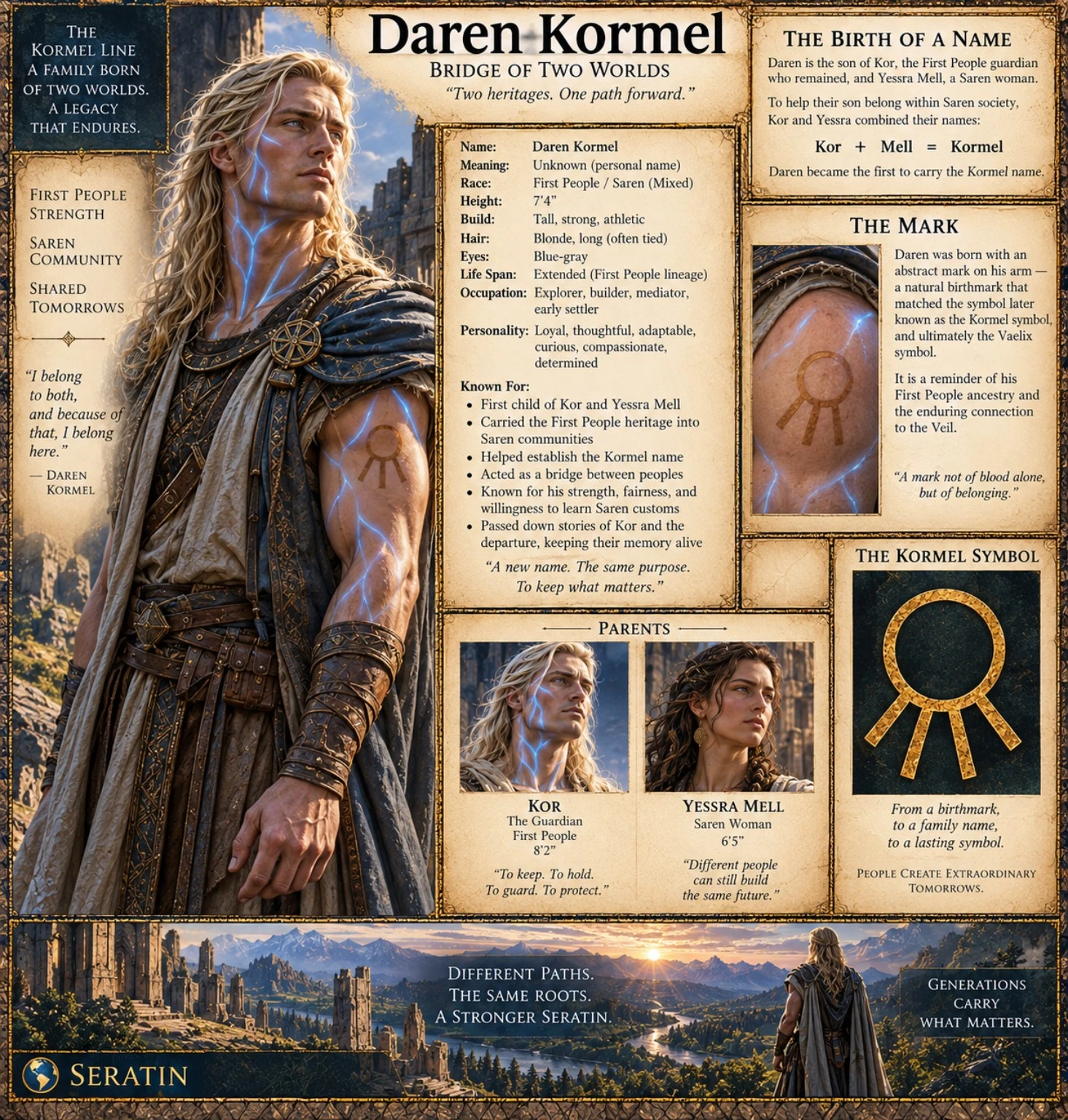 Character reference plate showing Daren Kormel, his family portraits, and the Kormel symbol.