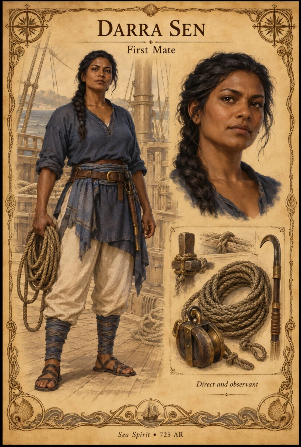 Sea Spirit crew reference plate showing first mate Darra Sen with a portrait, sailing clothes, rope, and equipment.
