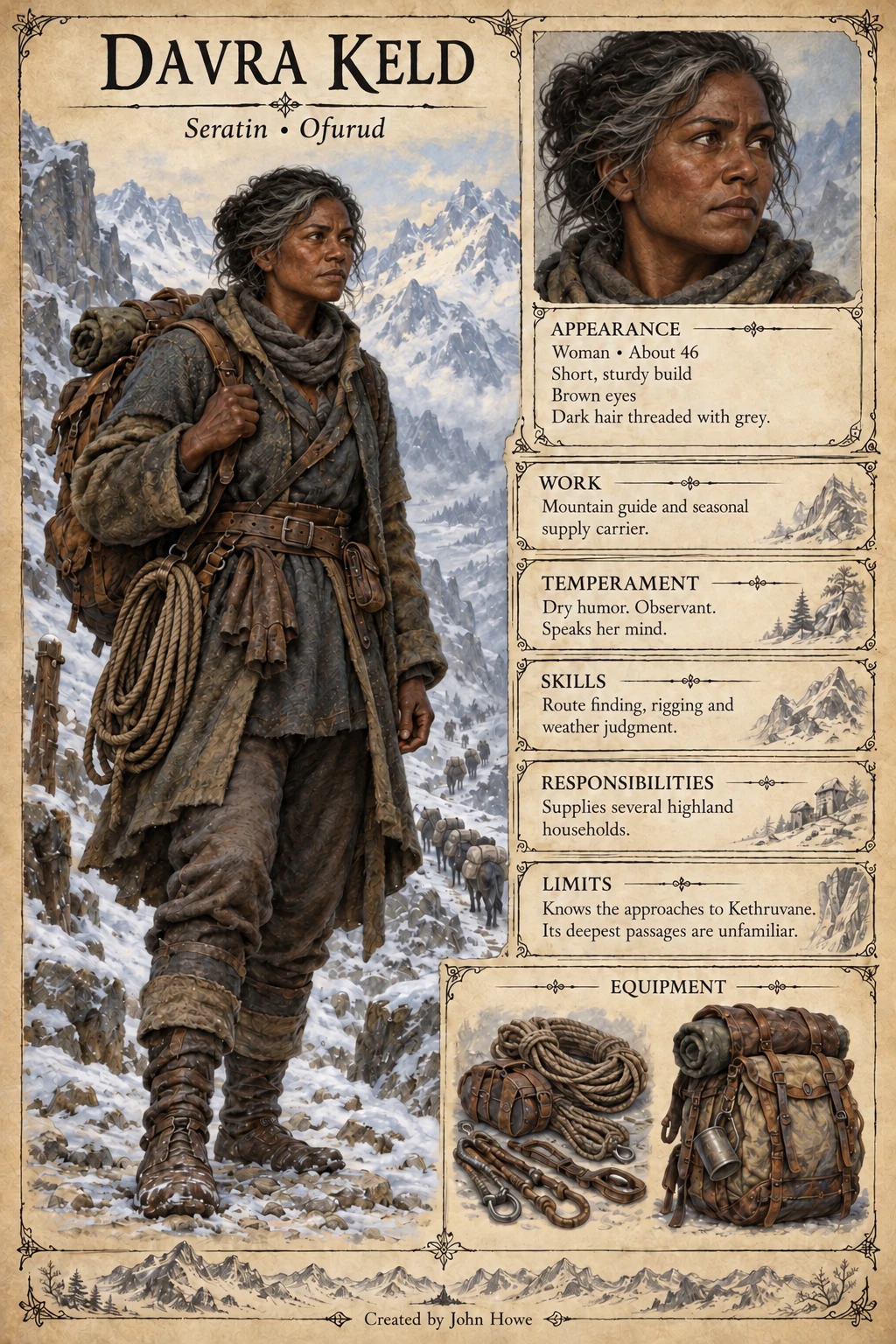 Character reference sheet showing mountain guide Davra Keld on a snowy trail, with a portrait, rope, climbing equipment, and a travel pack.