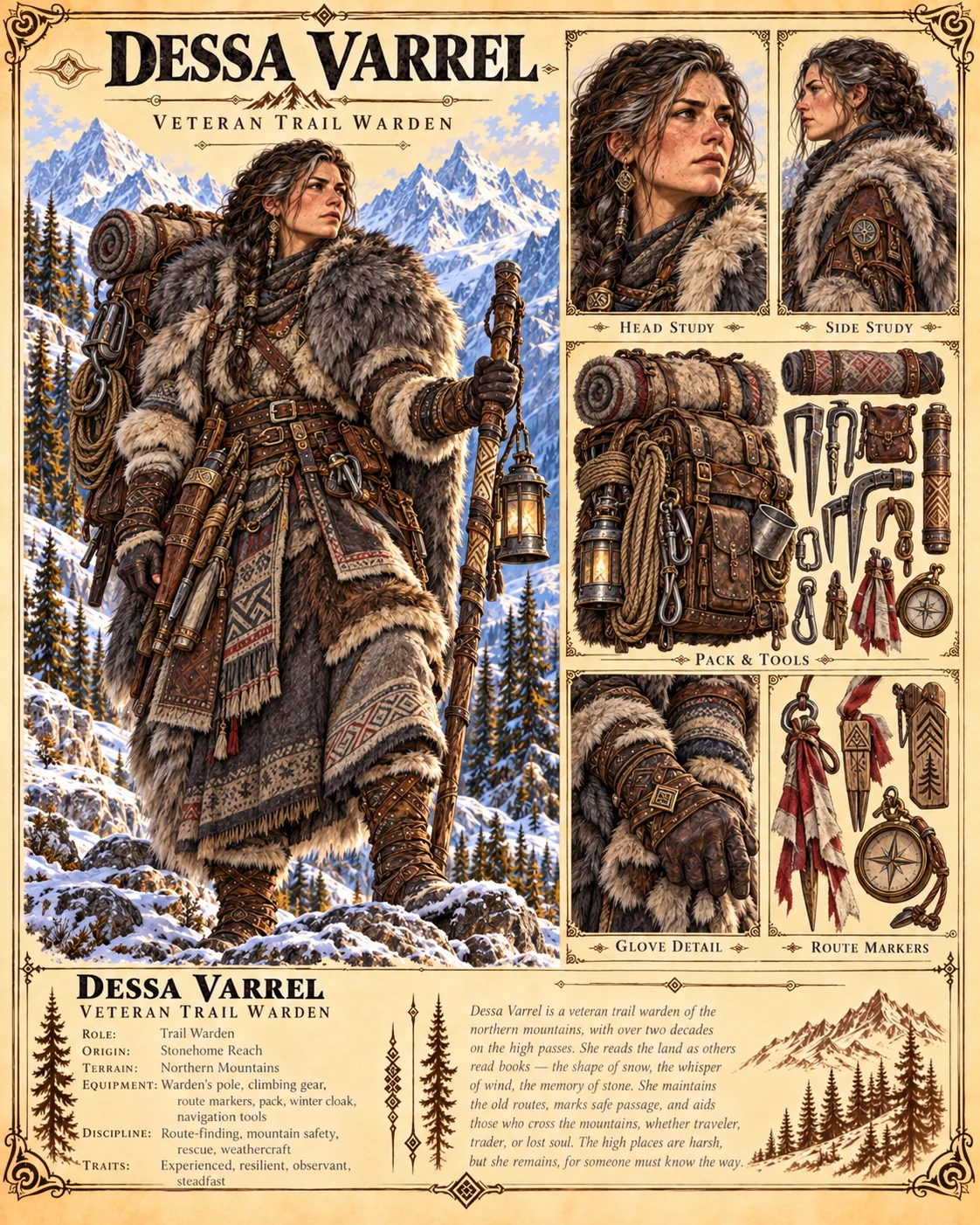 Character reference plate showing Dessa Varrel with portrait studies, fur-lined travel clothing, ropes, a pack, and personal equipment, and a snowy mountain setting.
