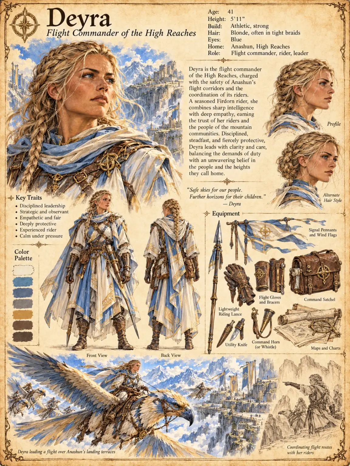 High Reaches character sheet of Deyra, the 41-year-old flight commander of Anashun, with tightly braided blonde hair, in white and blue robes with leather armour, shown in portrait, profile, front and back views, with her signal pennants, riding lance, command horn, satchel and maps, leading a flight on her Firdorn over Anashun's landing terraces.