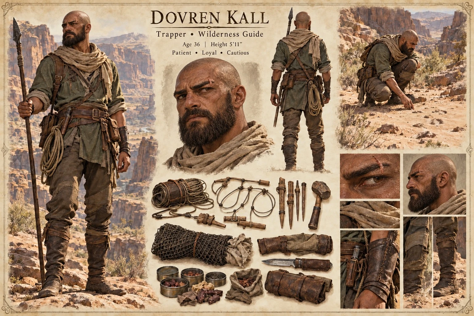 Character reference plate showing Dovren Kall with portrait studies, rugged clothing, rope, tools, and travel equipment.
