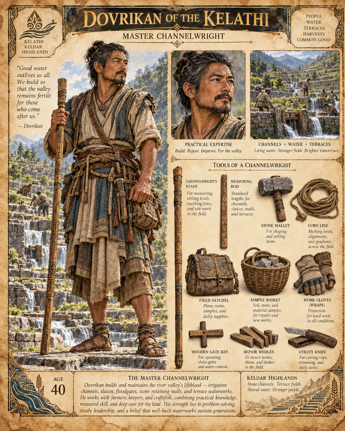 Character reference sheet showing Dovrikan of the Kelathi, Master Channelwright, with a portrait, layered clothing, terraced river landscapes, a staff, measuring rod, stone mallet, repair tools, and cord.
