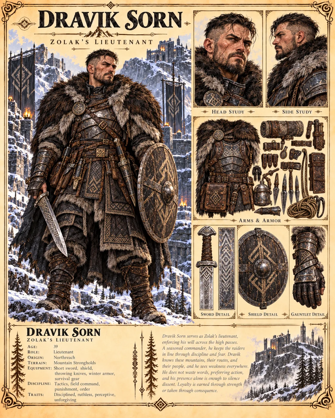 Character reference plate showing Dravik Sorn with portrait studies, dark armor, a fur cloak, a sword, a shield, and equipment studies, and a snowy mountain setting.