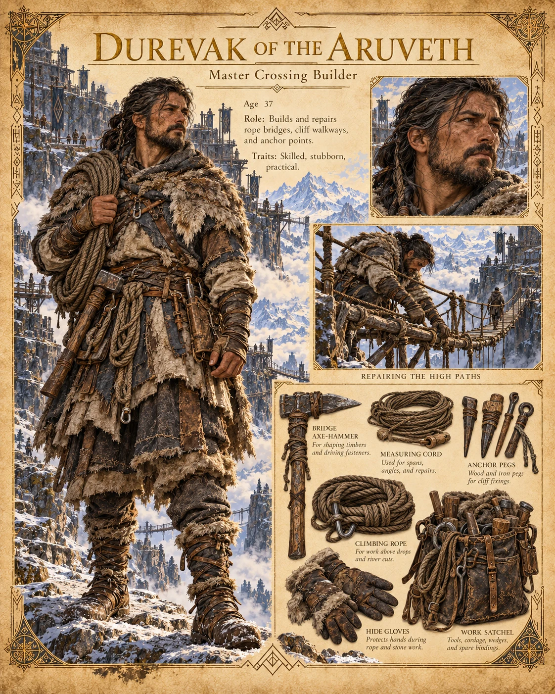 Character reference sheet showing Durevak of the Aruveth, Master Crossing Builder, with fur-lined mountain clothing, portrait studies, bridge repair work, ropes, tools, and a travel pack.