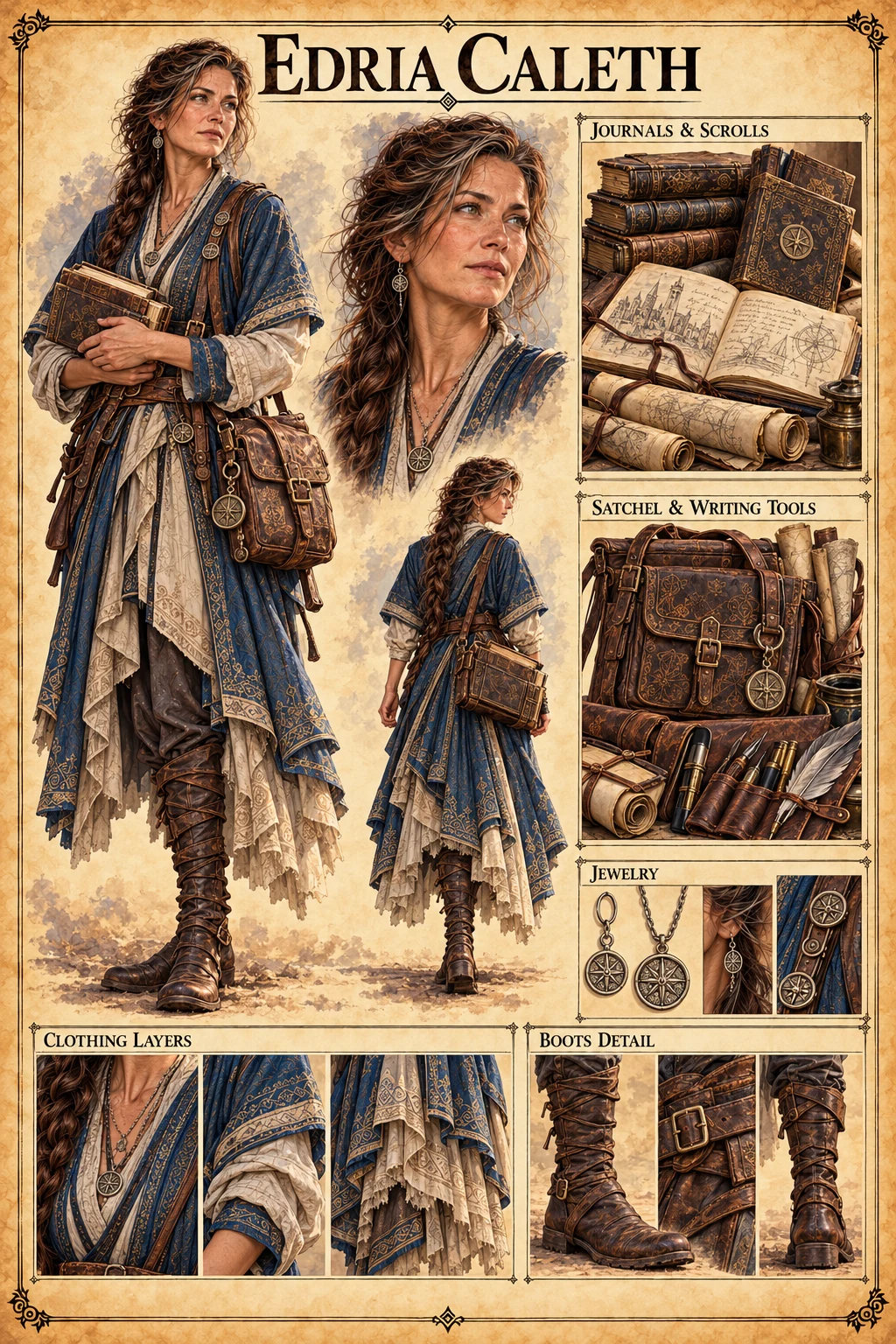 Character reference sheet showing Edria Caleth with front, back, and portrait views, journals and scrolls, a satchel and writing tools, jewellery, and clothing details.