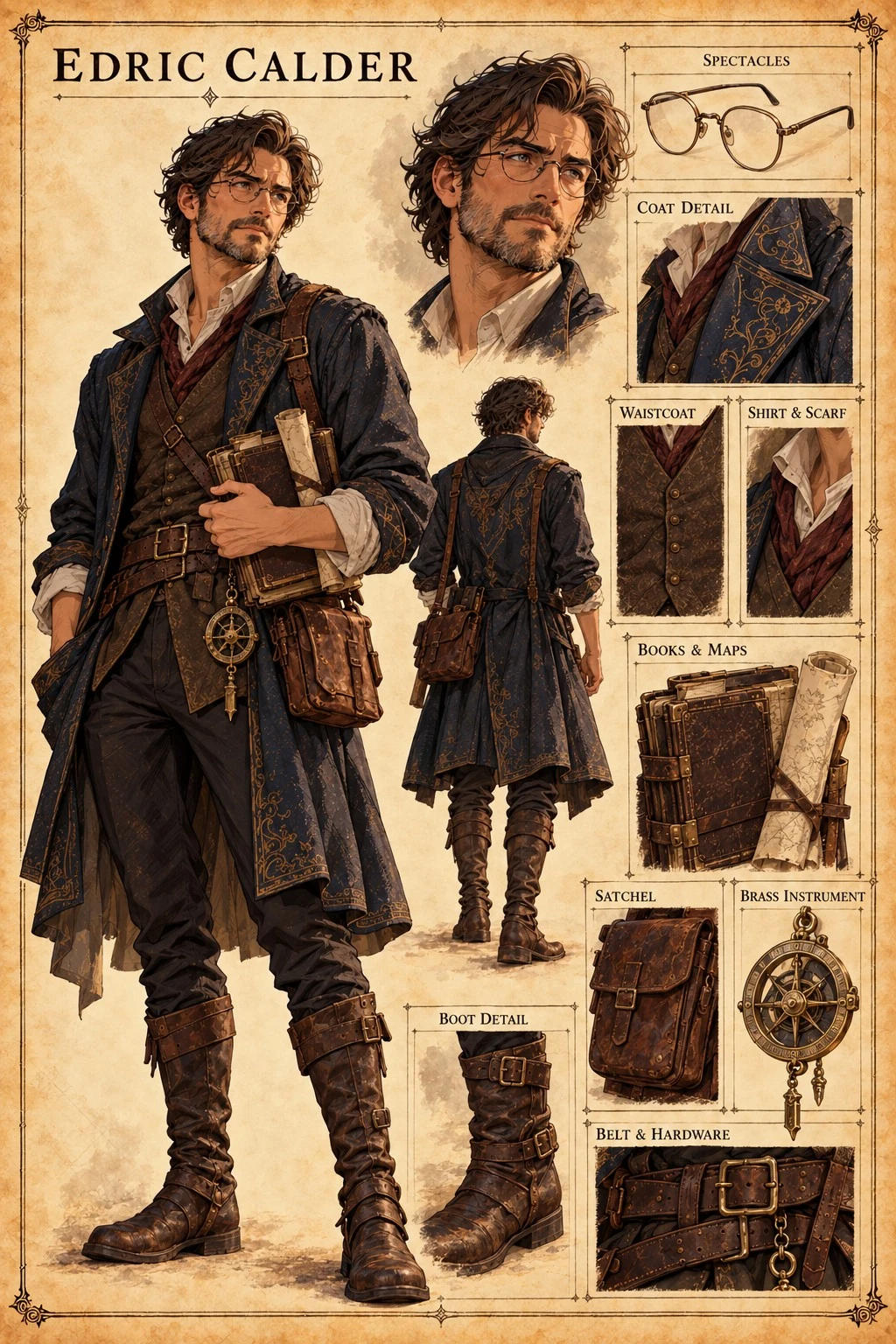 Character reference sheet showing Edric Calder with front, back, and portrait views, spectacles, books and maps, a satchel, a brass instrument, and clothing details.