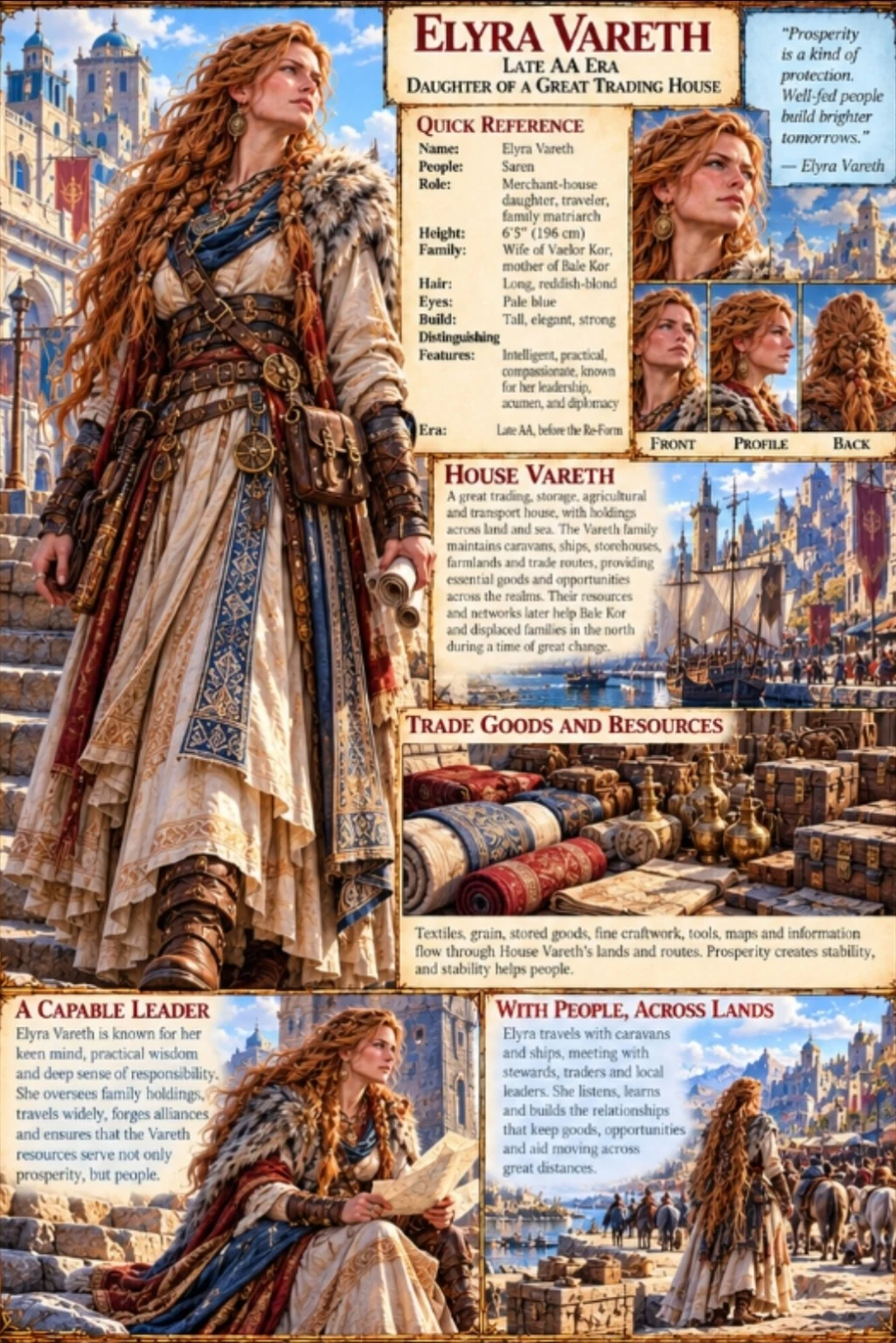 Character reference sheet showing Elyra Vareth with portraits, layered clothing, trade goods, and scenes of leadership and travel.