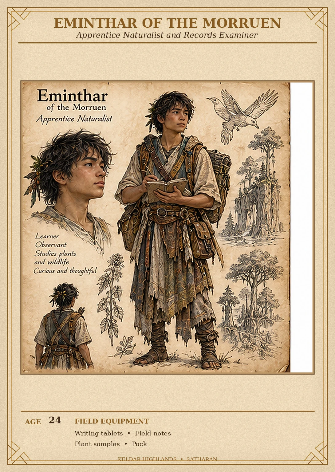 Morruen character reference sheet showing Eminthar, apprentice naturalist, with portrait and rear views, a writing tablet, field notes, a plant specimen, and a pack.