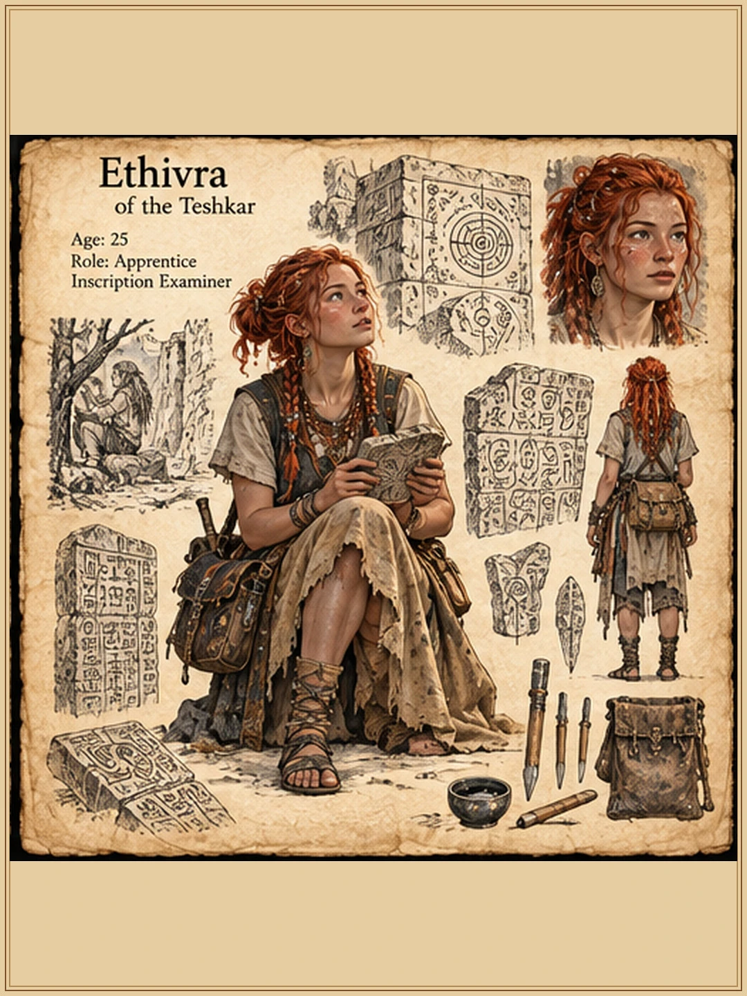 Character reference sheet showing Ethivra of the Teshkar with red hair, portrait studies, clothing, personal tools and equipment, and architectural details.