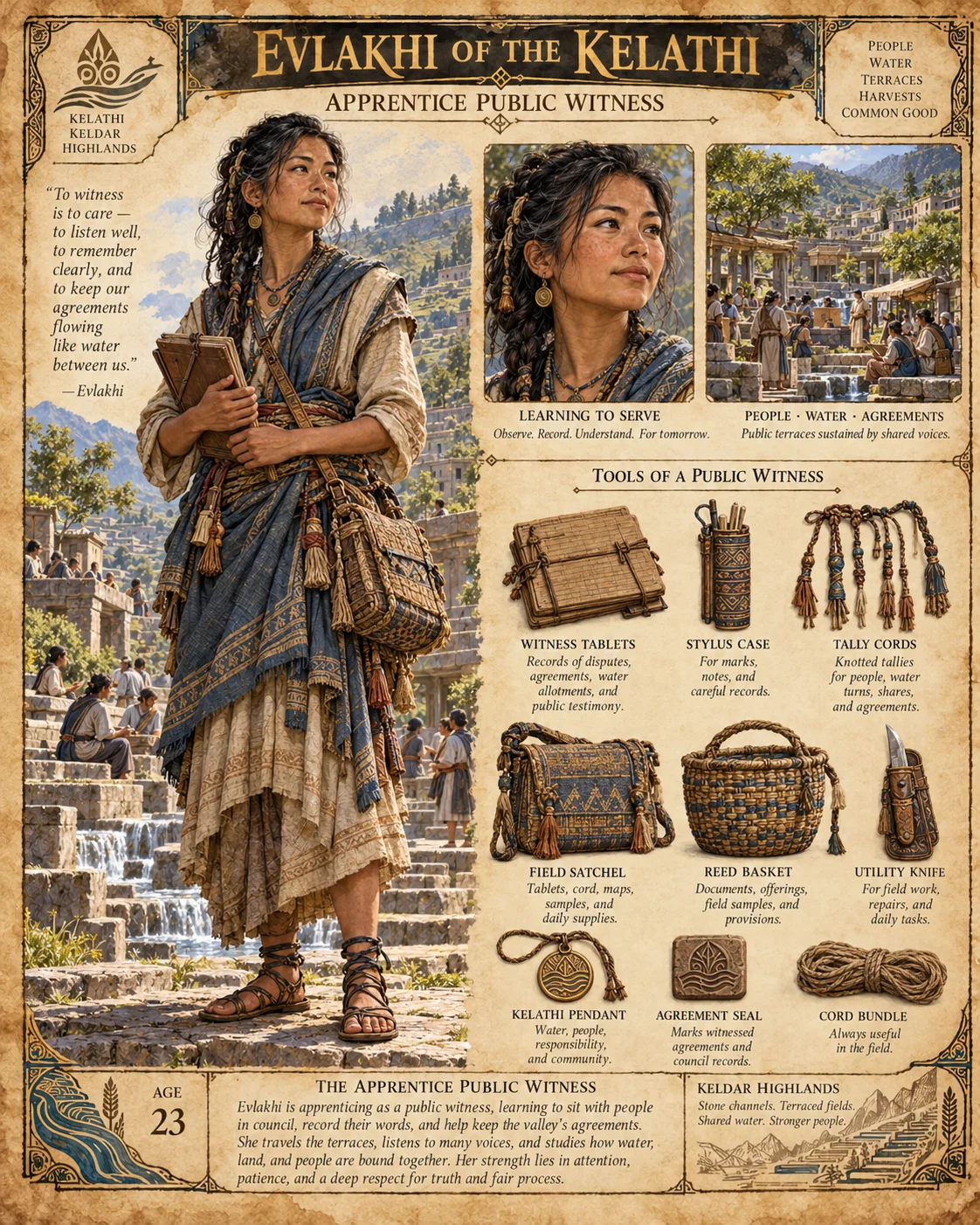 Character reference sheet showing Evlakhi of the Kelathi, Apprentice Public Witness, with a portrait, layered clothing, terraced river landscapes, witness tablets, a stylus case, tally cords, and an agreement seal.