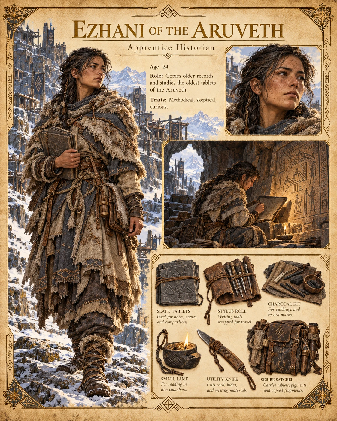 Character reference sheet showing Ezhani of the Aruveth, Apprentice Historian, with a portrait, layered mountain clothing, a writing scene, tablets, charcoal, and travel supplies.