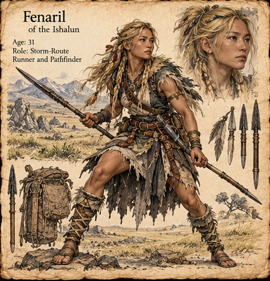 Character reference sheet showing Fenaril of the Ishalun with blond hair, a spear, a travel pack, knives, and storm-route equipment.