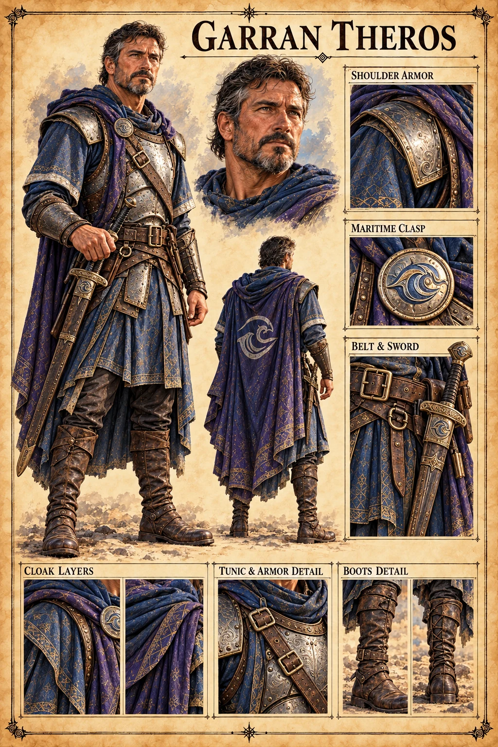 Character reference sheet showing Garran Theros with front, back, and portrait views, shoulder armour, a maritime clasp, sword and belt, cloak, tunic, and boot details.