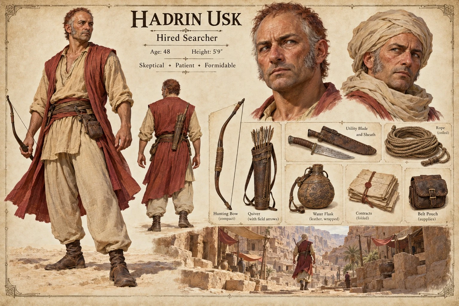 Character reference plate showing Hadrin Usk with portrait studies, travel clothing, a dagger, rope, and supplies.