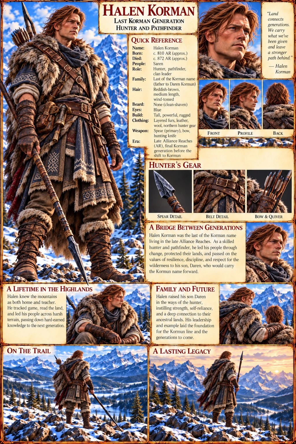 Character reference sheet with portraits, fur-lined travel clothing, hunting gear, family scenes, and snowy mountain landscapes.