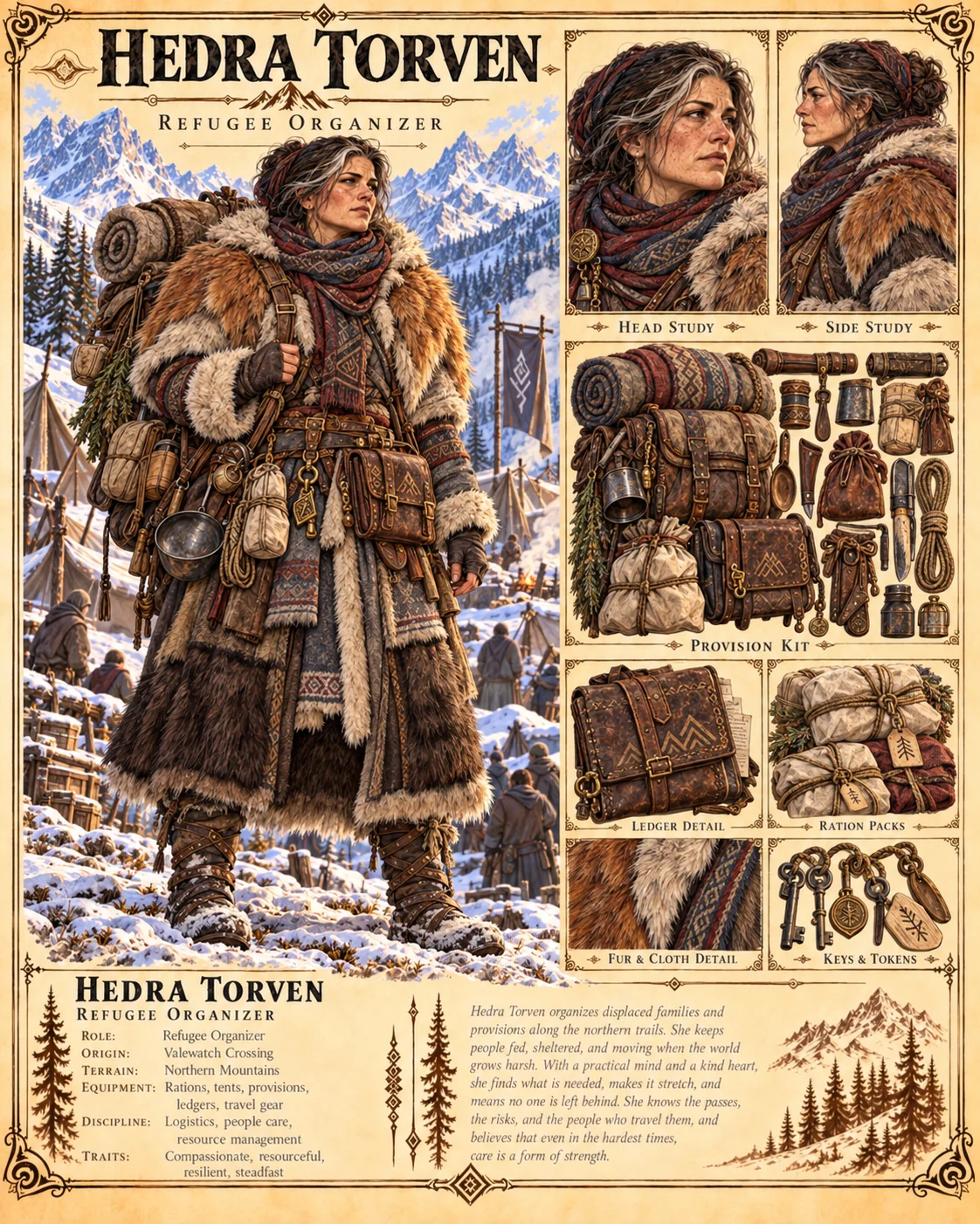 Character reference plate showing Hedra Torven with portrait studies, layered winter clothing, a large travel pack, provisions, and tools, and a snowy mountain setting.