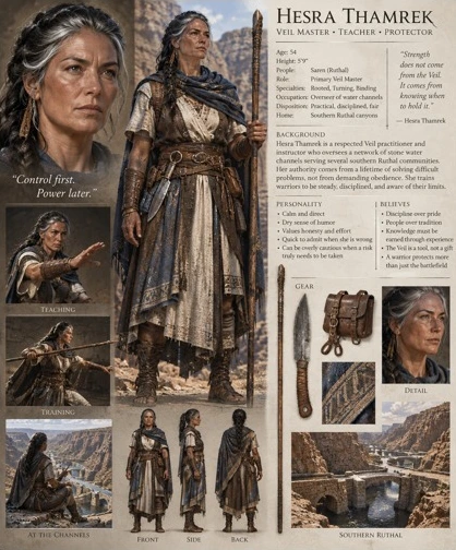 Character reference plate showing Hesra Thamrek with portrait studies, clothing, and equipment.