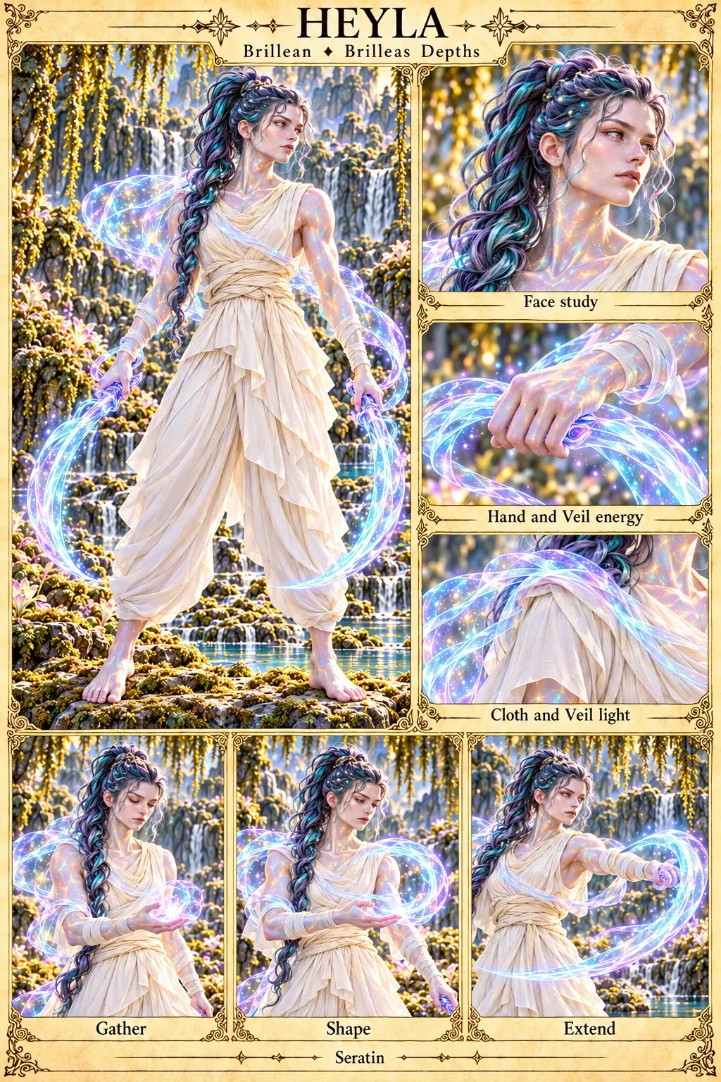 Brillean character sheet from the Brilleas Depths showing Heyla, a Veil warrior with a long violet and teal braid and wrapped forearms, wielding arcs of Veil energy before mossy waterfalls, with face, hand and Veil energy, and cloth and Veil light studies, and Gather, Shape and Extend poses.