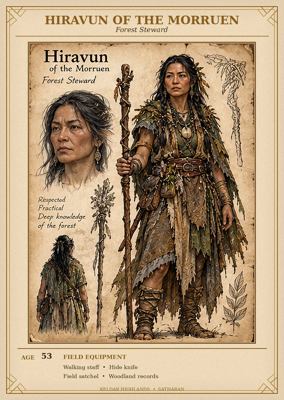 Morruen character reference sheet showing Hiravun, forest steward, with portrait and rear views, a walking staff, hide belt, and birch-bark records.