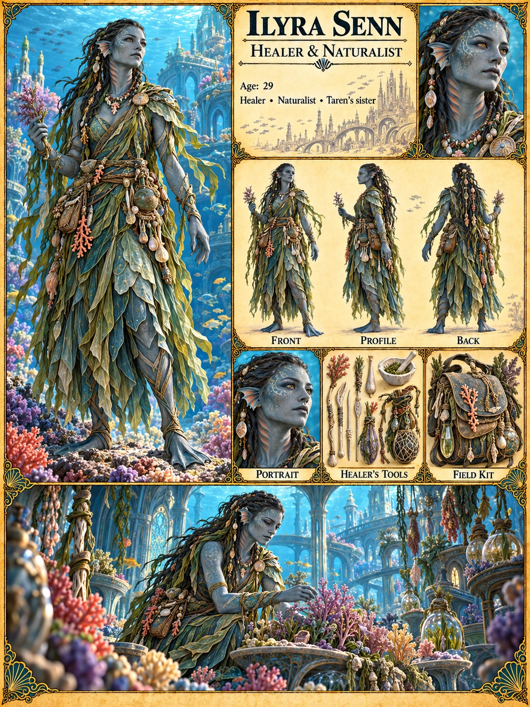 Nerathi character reference sheet showing Ilyra Senn, healer and naturalist, with portrait studies, front, profile and back views, healing tools and a field kit, and an underwater scene.