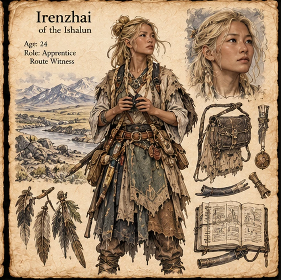 Character reference sheet showing Irenzhai of the Ishalun with blond braided hair, a walking staff, a satchel, a journal, and route-witness supplies.