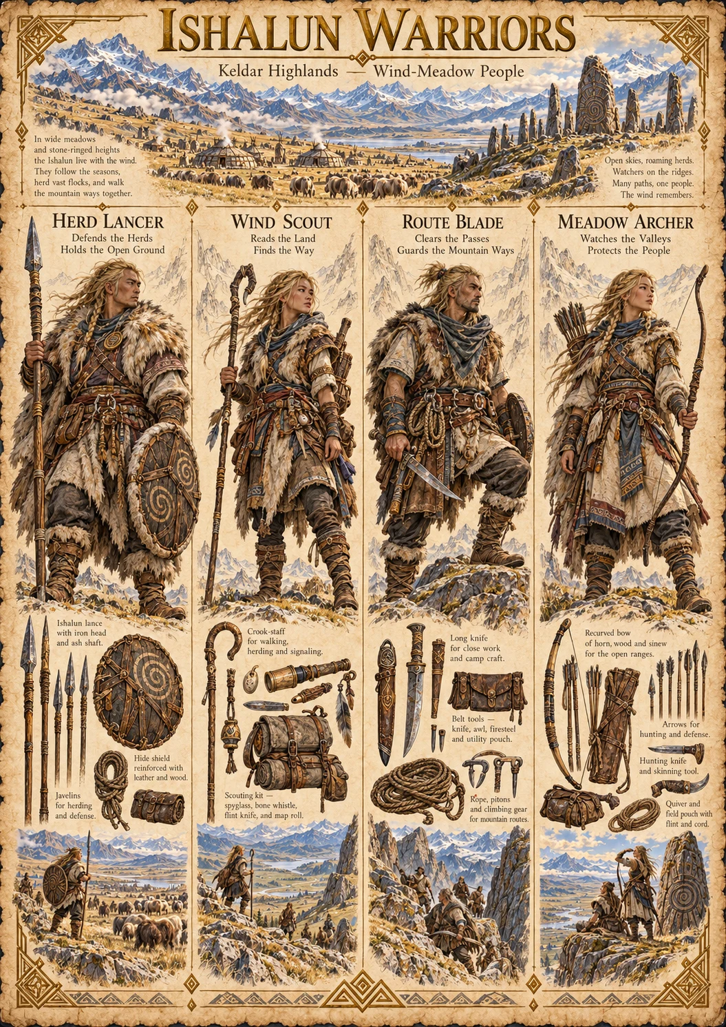 Warrior reference plate showing the Ishalun Herd Lancer, Wind Scout, Route Blade, and Meadow Archer with weapons, traveling equipment, and mountain meadows.