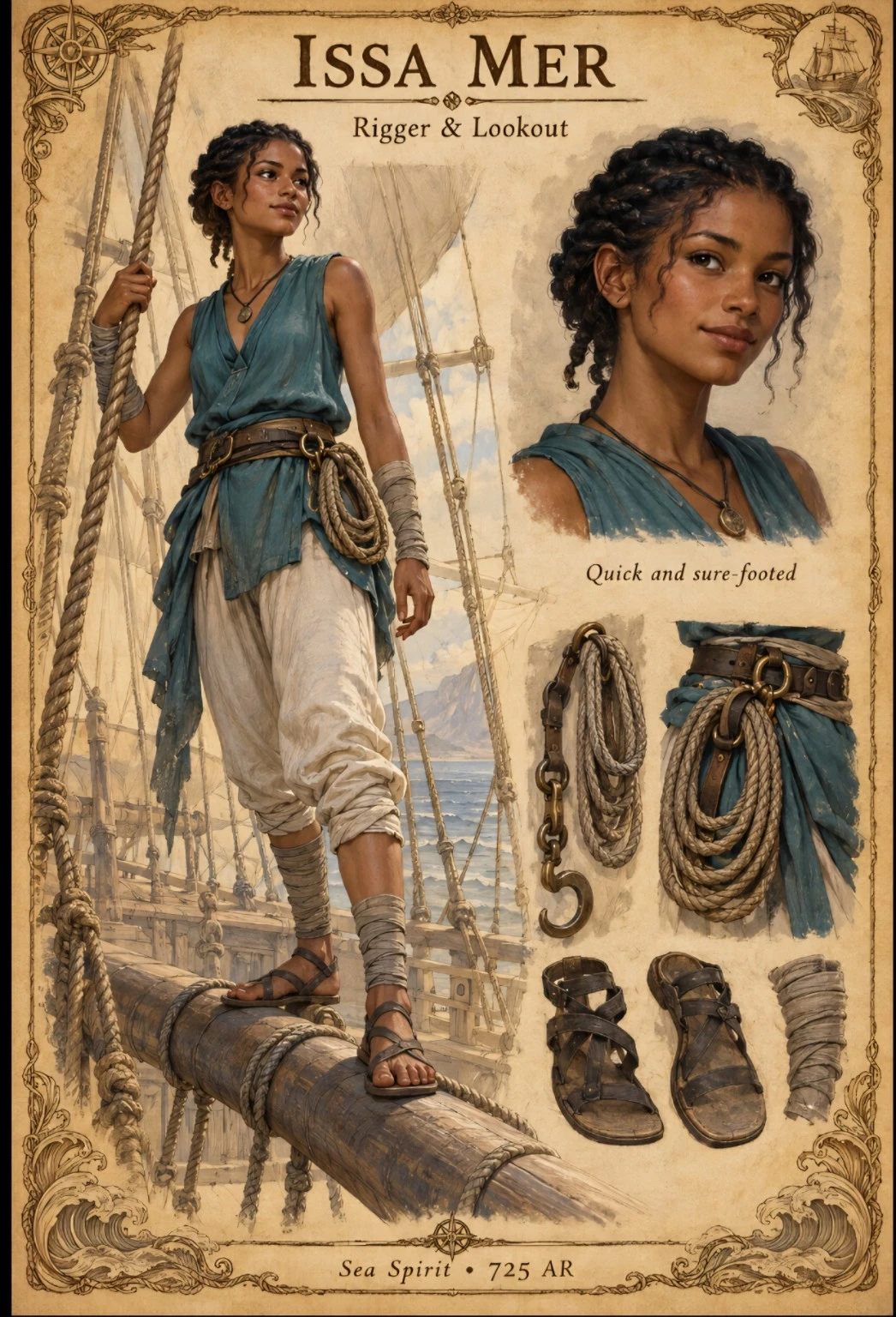 Sea Spirit crew reference plate showing rigger and lookout Issa Mer with a portrait, rope, and rigging equipment.