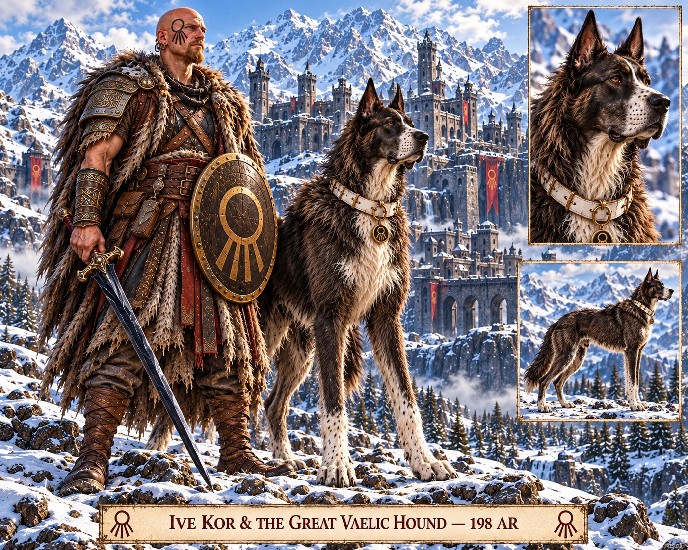 Ive Kor stands with a Great Vaelic Hound before a snowy mountain city, alongside portrait and hound studies.