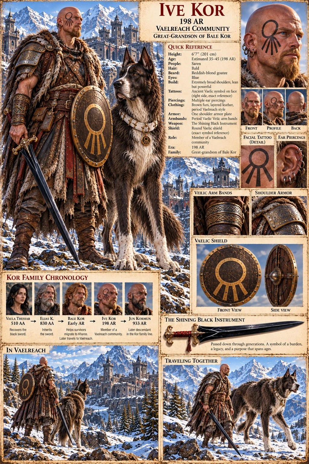 Character reference plate showing Ive Kor with a wolf companion, shield, clothing, and family portraits.