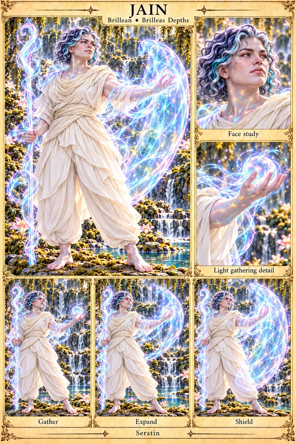 Brillean character sheet from the Brilleas Depths showing Jain, with curly silver and violet hair, holding a spiralling staff of Veil light and raising a shimmering shield, with face and light-gathering studies, and Gather, Expand and Shield poses.