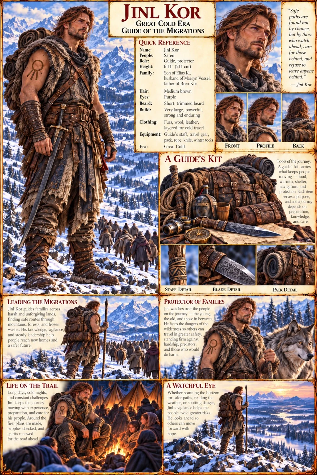 Character reference sheet showing Jinl Kor with portraits, winter clothing, a guide’s equipment, and scenes of mountain travel and camp life.