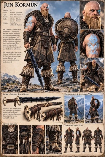 Character reference plate showing Jun Kormun, his clothing, equipment, and portrait details.