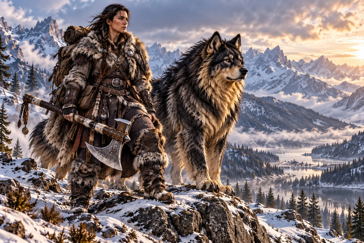 A traveler and a large wolf-like companion stand together on a rocky overlook in snowy mountains.