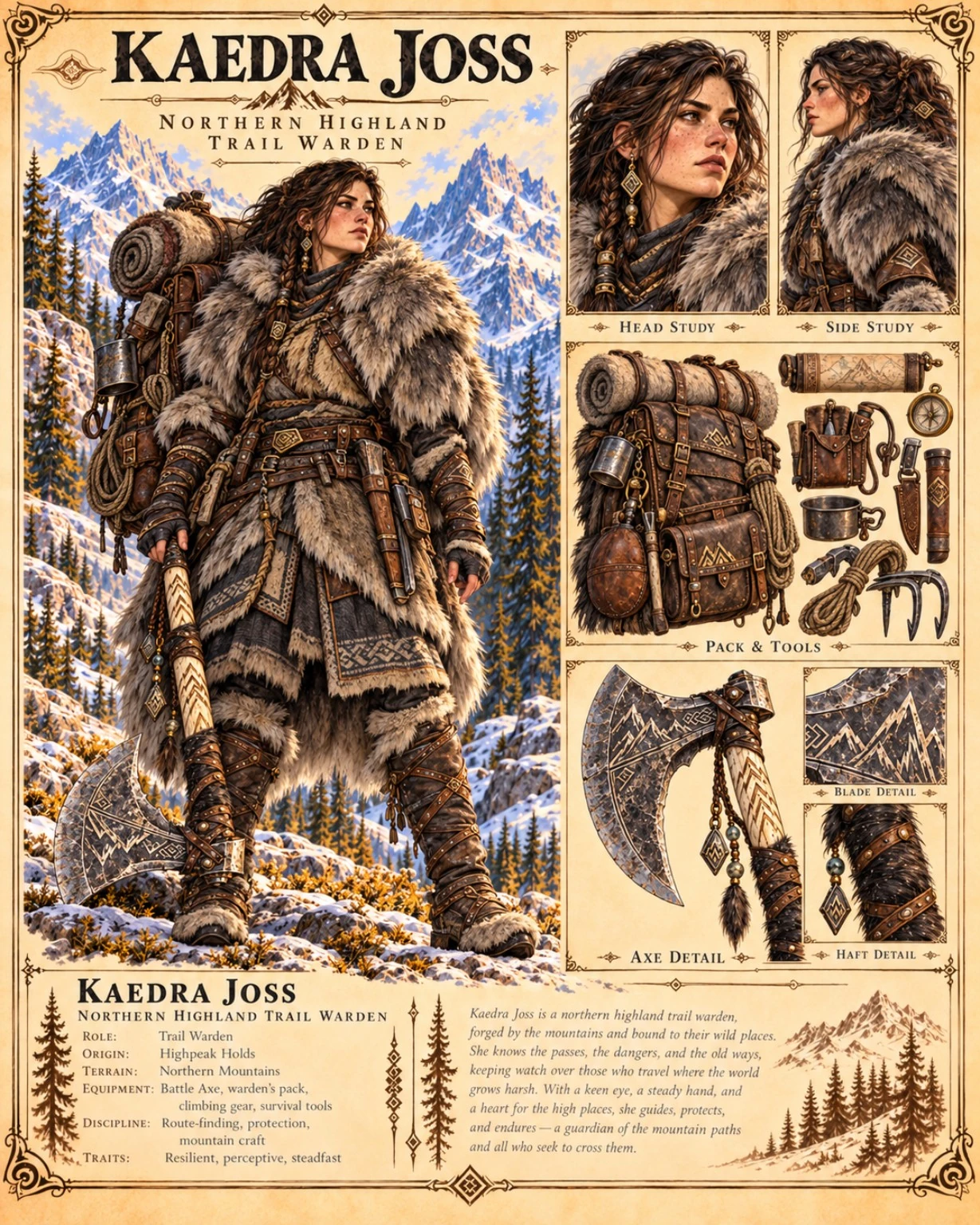 Kaedra Joss in fur-lined travel clothing, with portrait studies, a pack and tools, and axe and belt details.