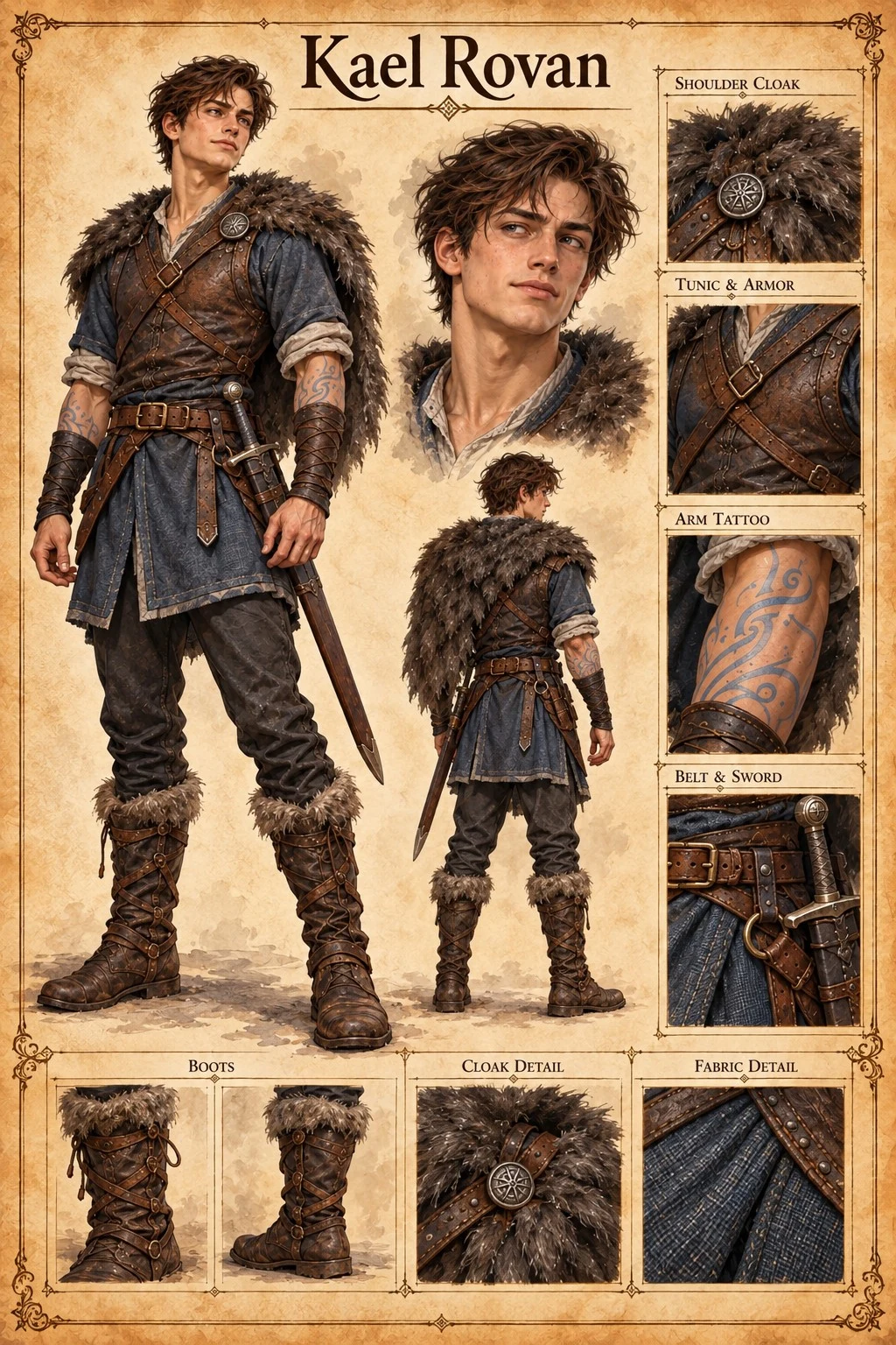 Character reference sheet showing Kael Rovan with front, back, and portrait views, a fur shoulder cloak, arm tattoo, sword, belt, and boot details.