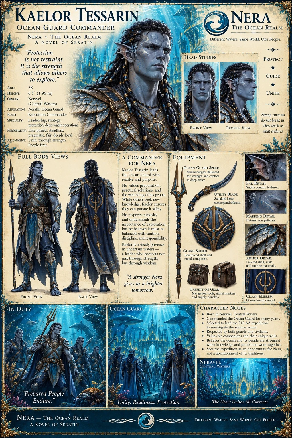 Character reference plate showing Kaelor Tessarin of Nera, with portraits, a staff, ocean equipment, and underwater scenes.