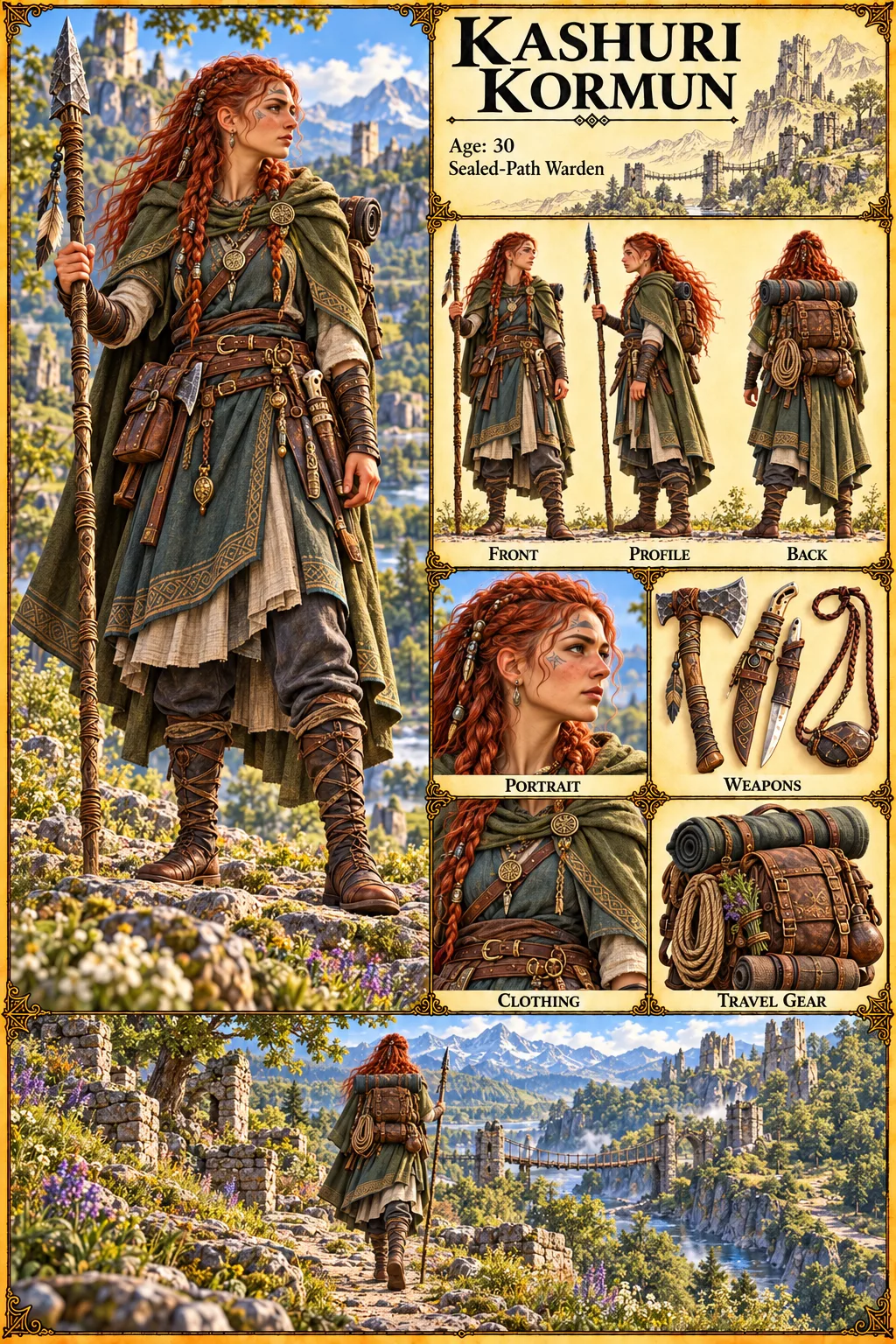 Character reference sheet showing Kashuri Kormun, age 30, Sealed-Path Warden, with long red braids, a green hooded cloak and a feathered spear on a flowering hillside, with front, profile and back views, portrait, clothing, weapons and travel gear studies, and a scene of her walking toward a rope bridge and ruined towers.