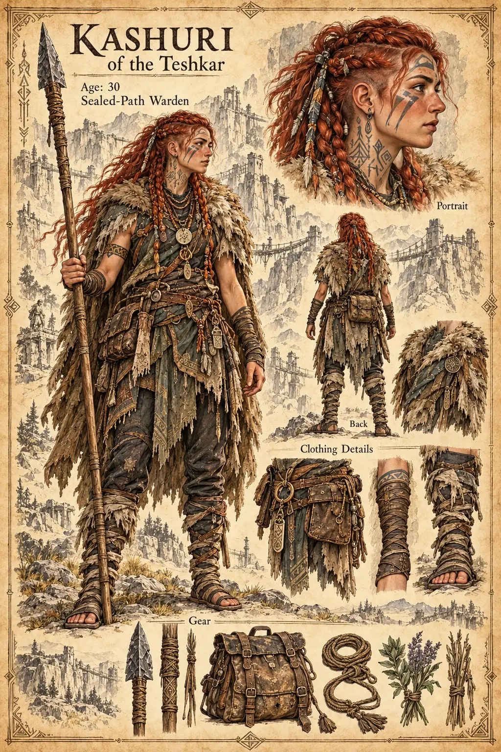 Character reference sheet showing Kashuri of the Teshkar, age 30, Sealed-Path Warden, in a ragged fur-trimmed cloak with a spear, with a portrait, back view, clothing details, and gear including a pack, rope, and herbs.