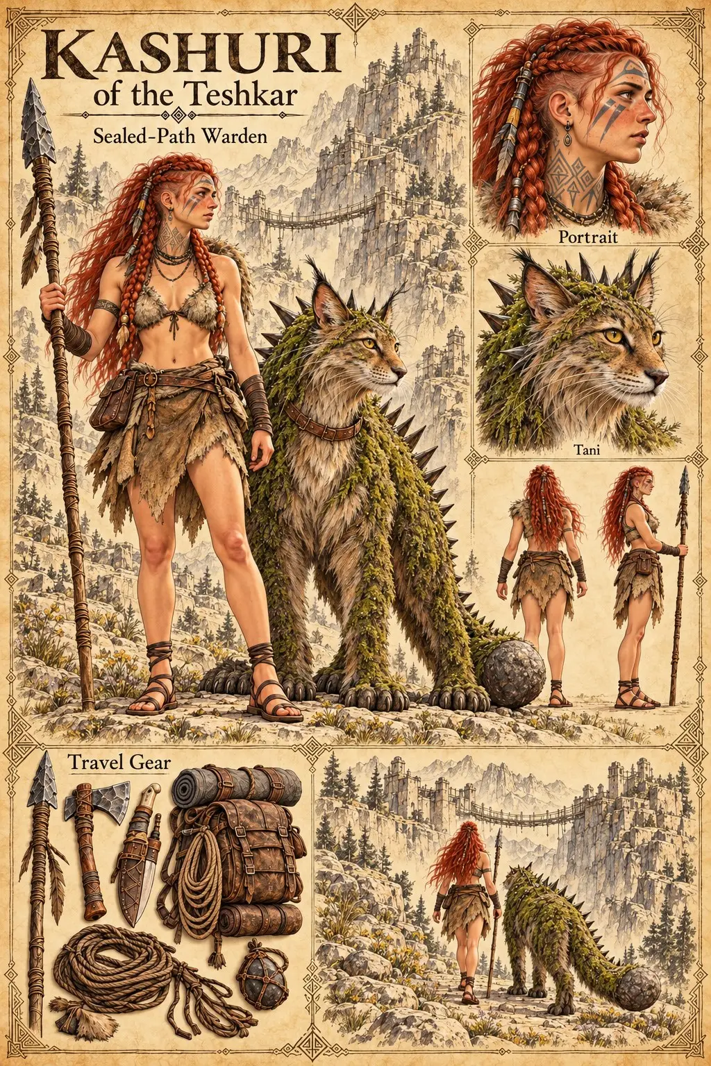 Character reference sheet showing Kashuri of the Teshkar, Sealed-Path Warden, with red braided hair and a spear beside her moss-pelted, spined companion Tani, with portrait studies, front and back views, travel gear, and the pair walking toward a cliffside fortress.