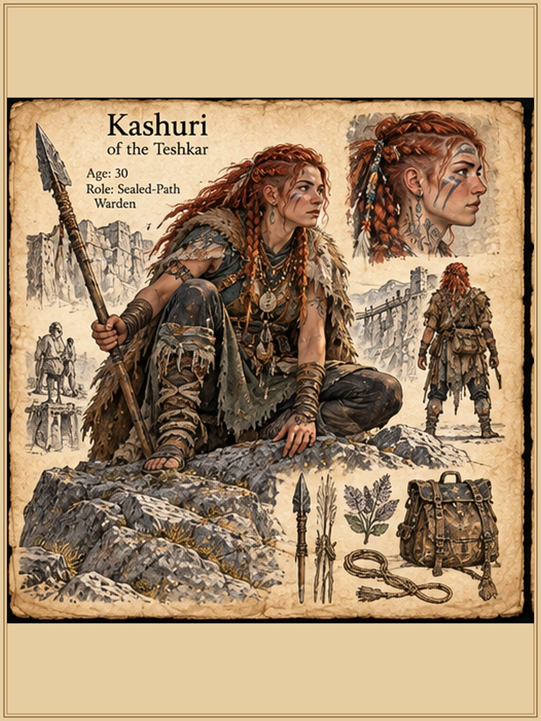 Character reference sheet showing Kashuri of the Teshkar with red hair, portrait studies, clothing, personal tools and equipment, and architectural details.