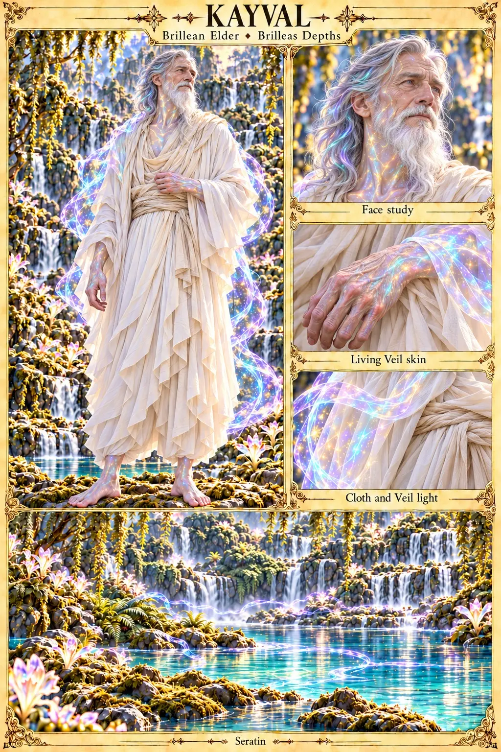 Brillean elder character sheet from the Brilleas Depths showing Kayval, a long-haired, white-bearded elder in flowing cream robes amid drifting Veil light, with face, Living Veil skin, and cloth and Veil light studies, and a view of turquoise pools and waterfalls.