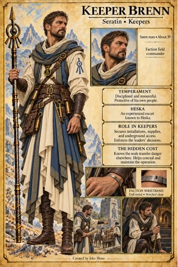 Character reference plate showing Keeper Brenn with his staff, blue and gold robes, and portrait studies.
