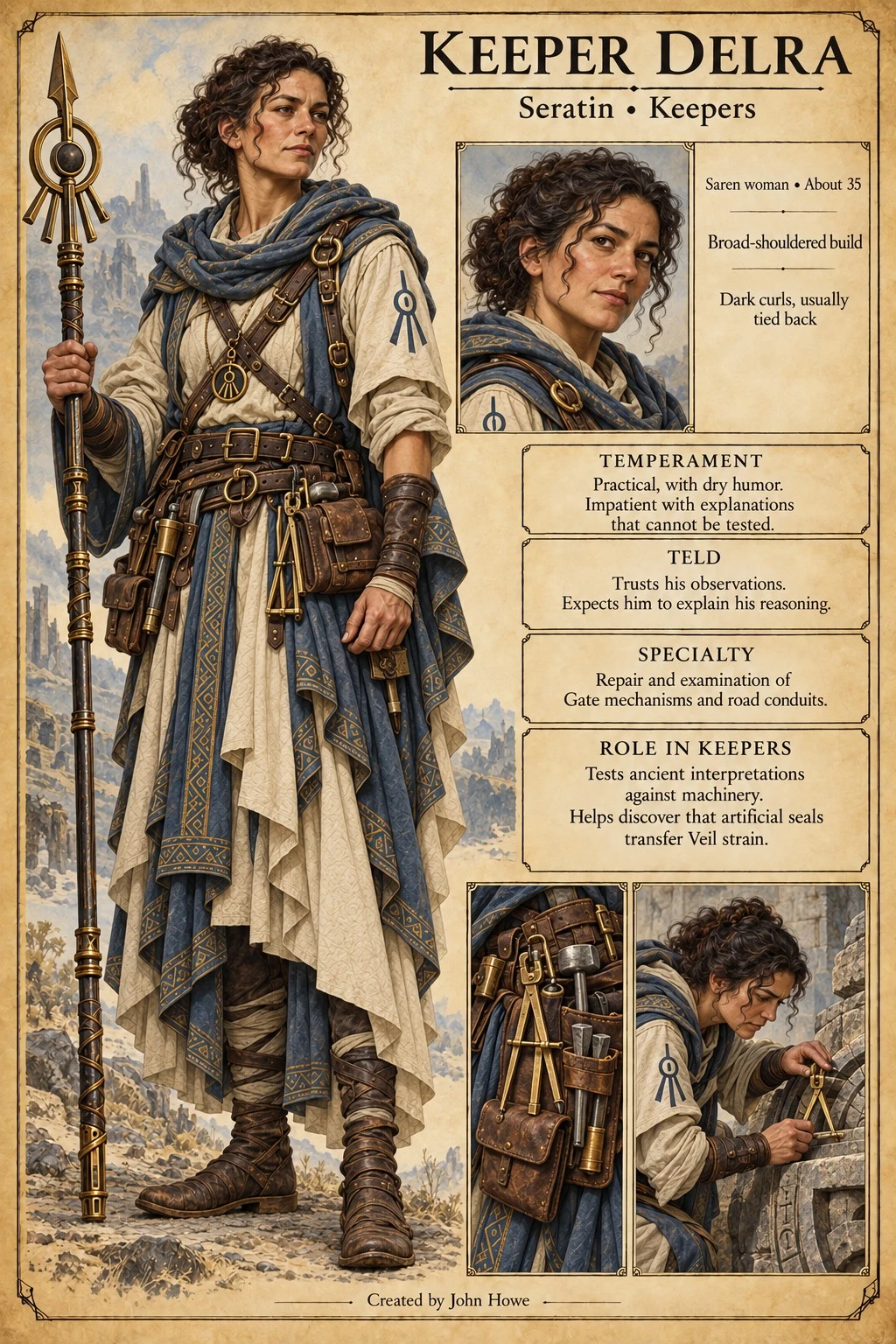 Character reference plate showing Keeper Delra with a staff, portrait studies, robes, and scenes of Keeper work.