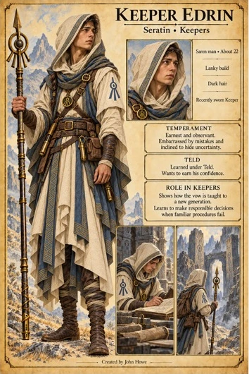 Character reference plate showing Keeper Edrin in hooded robes with a Keeper staff.